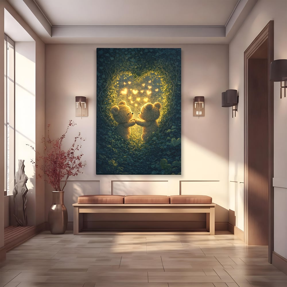 Tablou canvas cu doi ursuleti pufosi in padure, fara rama, pe sasiu de lemn